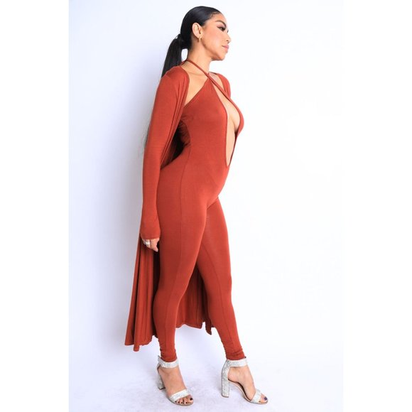 Women's Open Center Halter Jumpsuit with Cardigan Set Red Cross Neck - Picture 8 of 8
